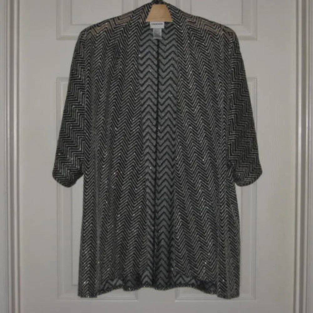 Chicos Size 2 L Open Cardigan Ruana Wrap Sweater Black Gold Metallic Excellent - Picture 7 of 10